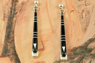 Stunning Earrings feature Genuine Black Jade and Magnesite inlaid in Sterling Silver. Beautiful Post Earrings Designed by Navajo Artist Calvin Begay. Signed by the artist.